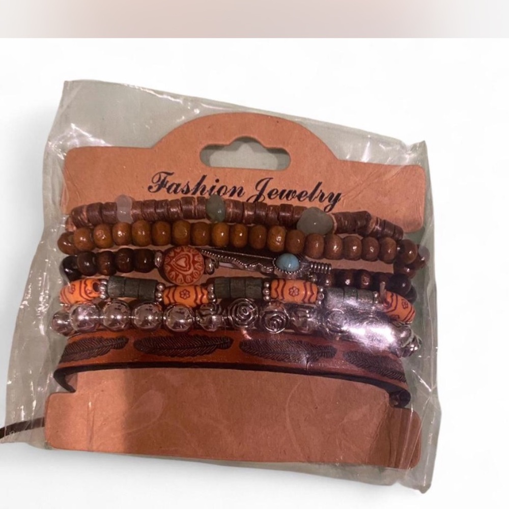 Brown and Silver Beaded Bracelet Set